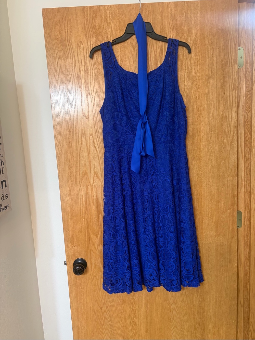 Royal Blue Lace A-Line Dress with Waist Tie - Picture 5 of 11